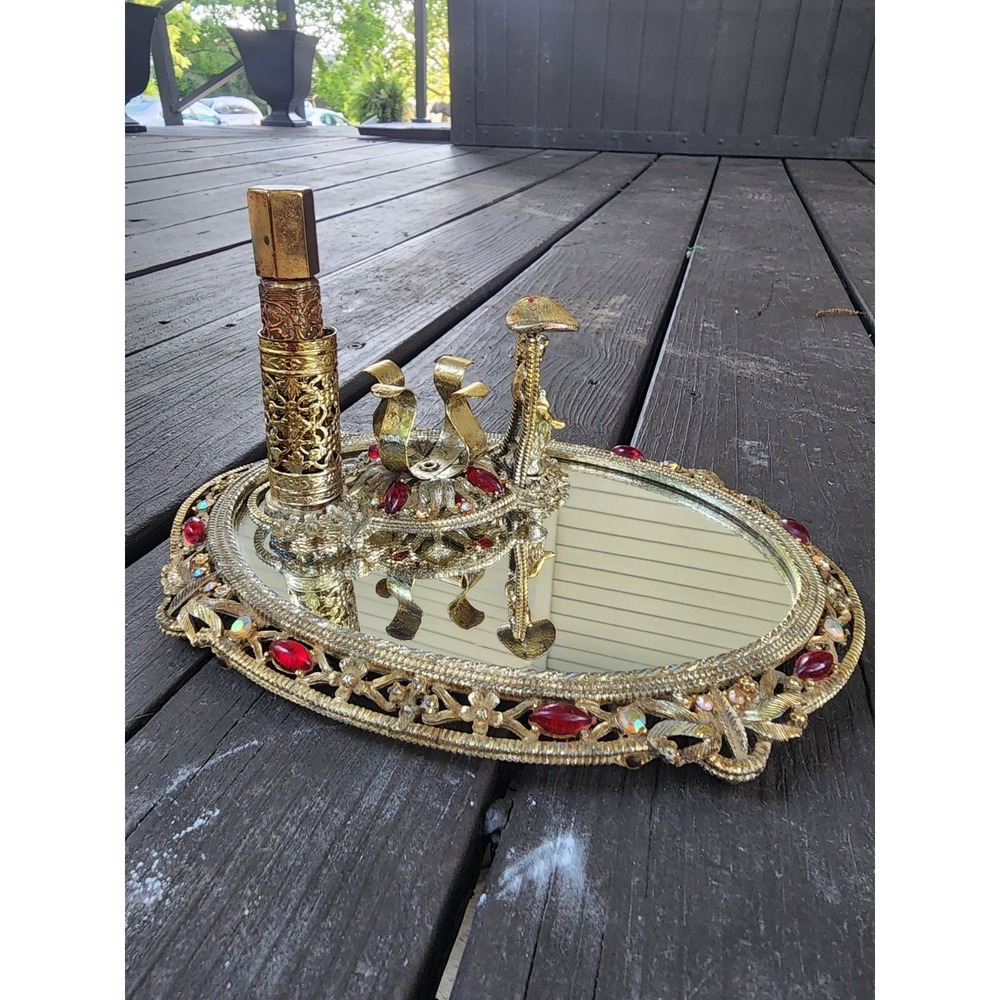 Vintage Antique Art Nouveau Gold Tone Ruby Jeweled Vanity Set, Ormolu Revlon HTF